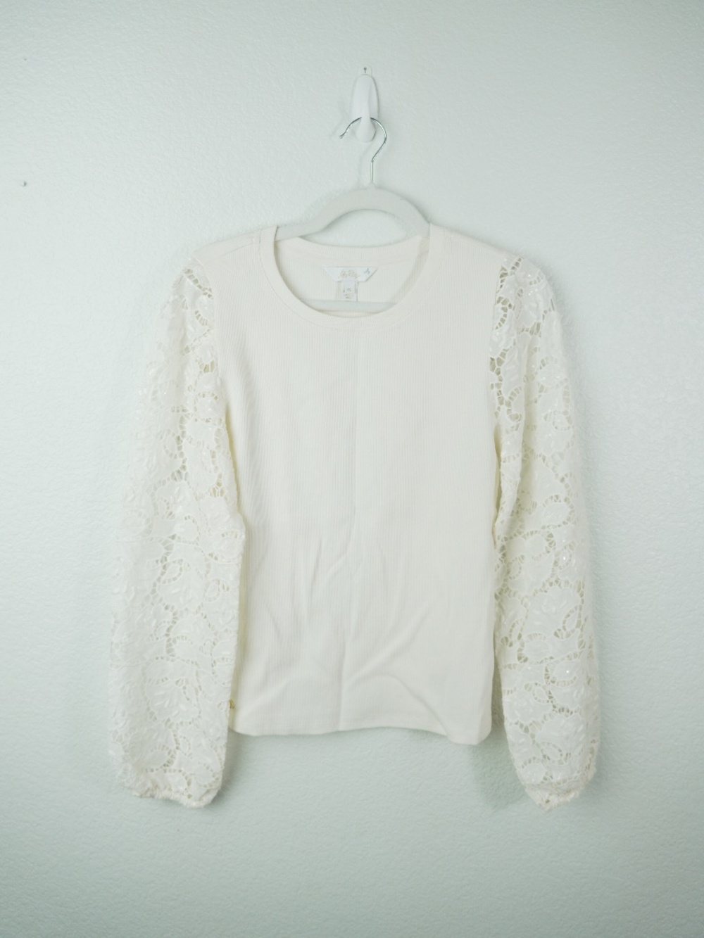 Lilly Pulitzer Womens Top Size M Ivory Ribbed Floral Lace Balloon Sleeve Blouse
